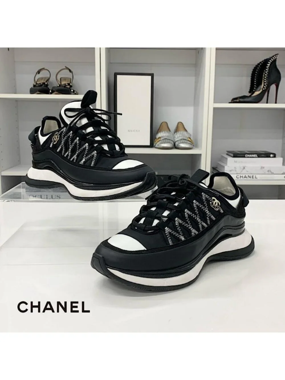 Chanel CC Logo Fabric Leather Sneakers Black White